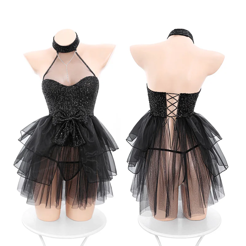 

Sexy Tulle Shiny Puffy Skirt Black Swan Gown Cosplay Costume See Through Cute Girl Underwear Nightdress Role Play Outfits