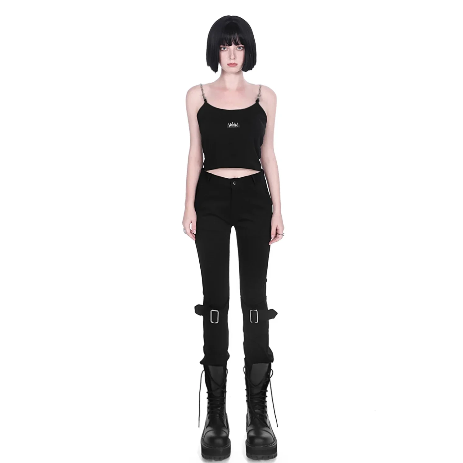 

New Spring Autumn Women Harajuku Black Metal Buckle Pants Streetwear High Waist Fashion Hip Hop Female Trouser