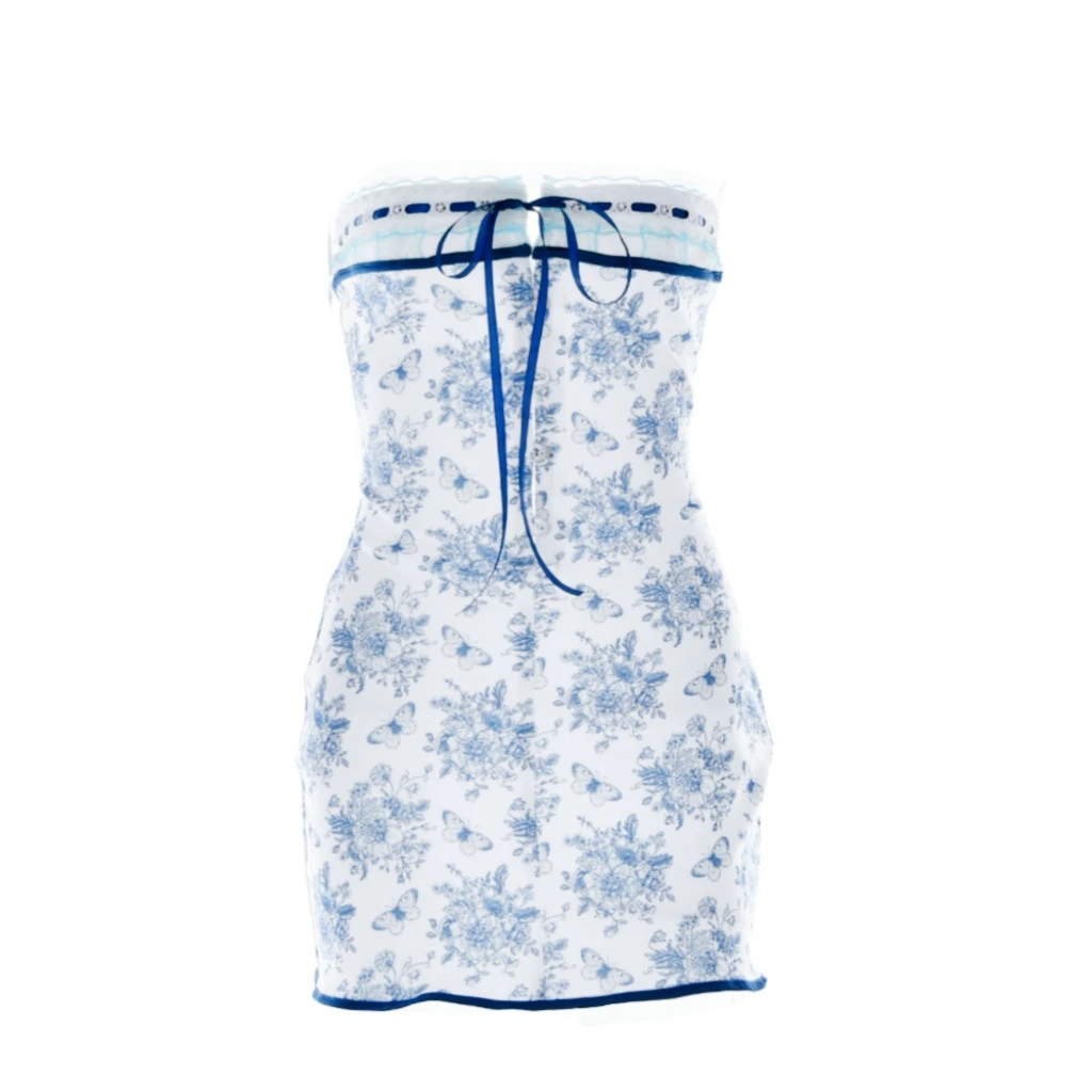 

Millennium Hot Girl Pure Desire Chinese Blue And White Porcelain Print Wrap Chest Waist in Floral Short Skirt Dress