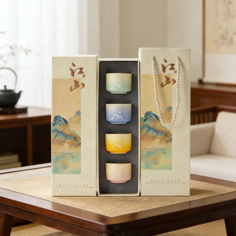 Creative Gold Traced Gradient Thousand Miles River Mountain Tea Cup Four Cups Master Cup River Mountain Landscape Gift Box Set
