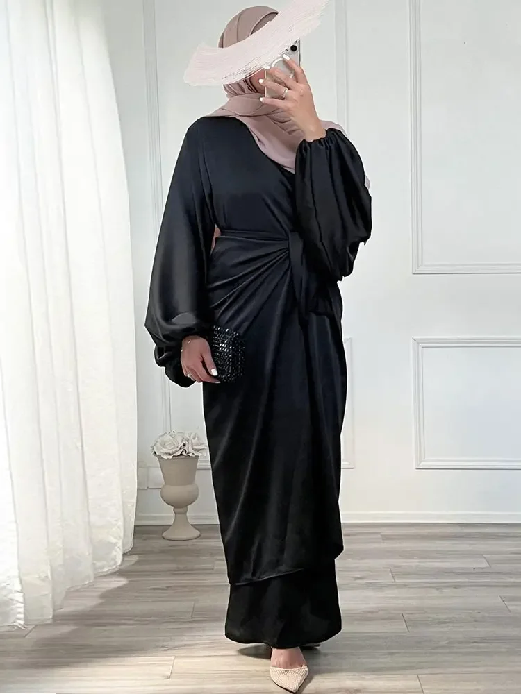 

2 Piece Abaya Dress For Women Islamic Long Dresses With Wrap Skirt Dubai Turkish Modesty Matching Outfit Muslim Set Ramadan Eid