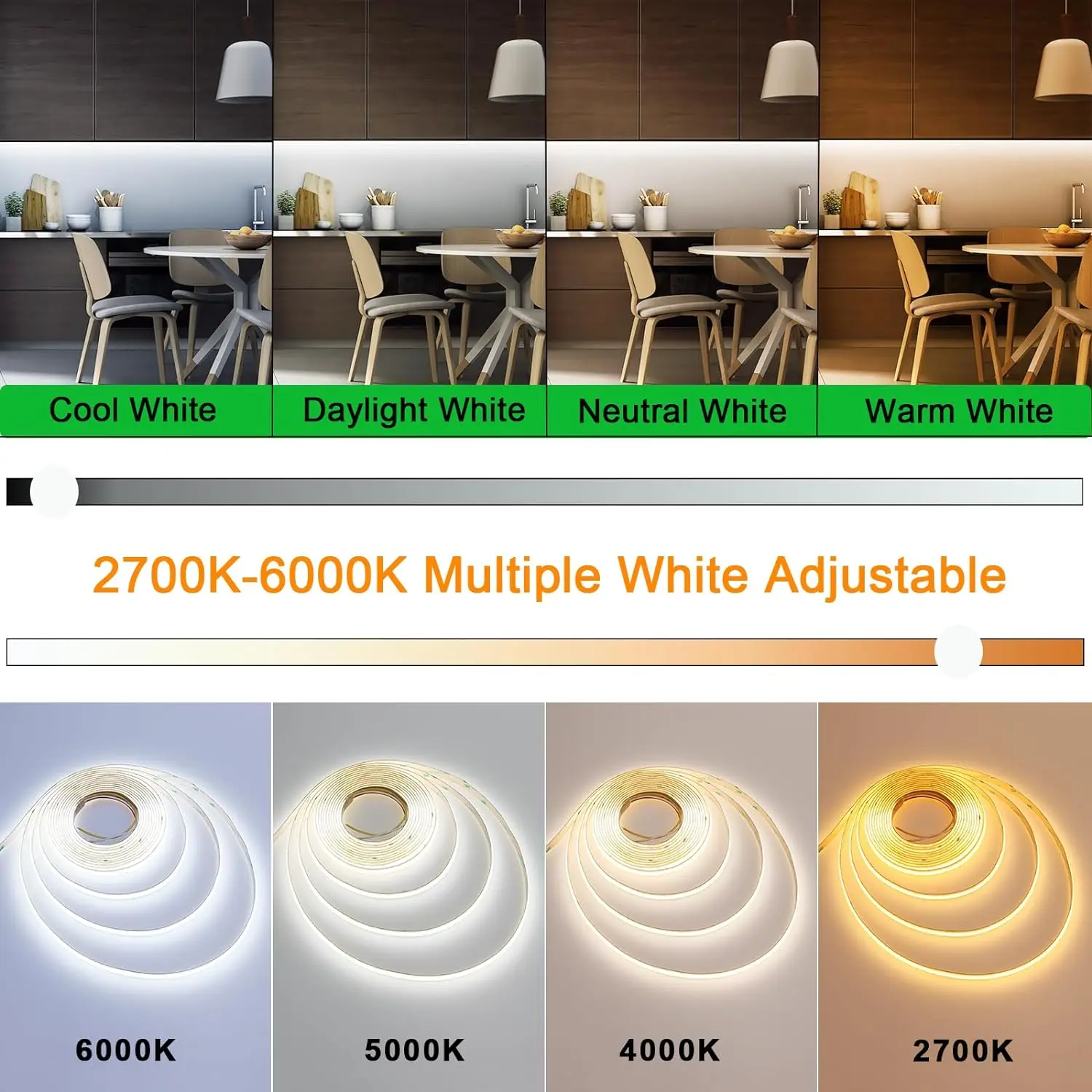 5M/10M DC24V High CRI Ra 90+ 8mm COB LED Strip Light Dual Color Warm White Cool White 2700K-6500K Linear Tape for Room House