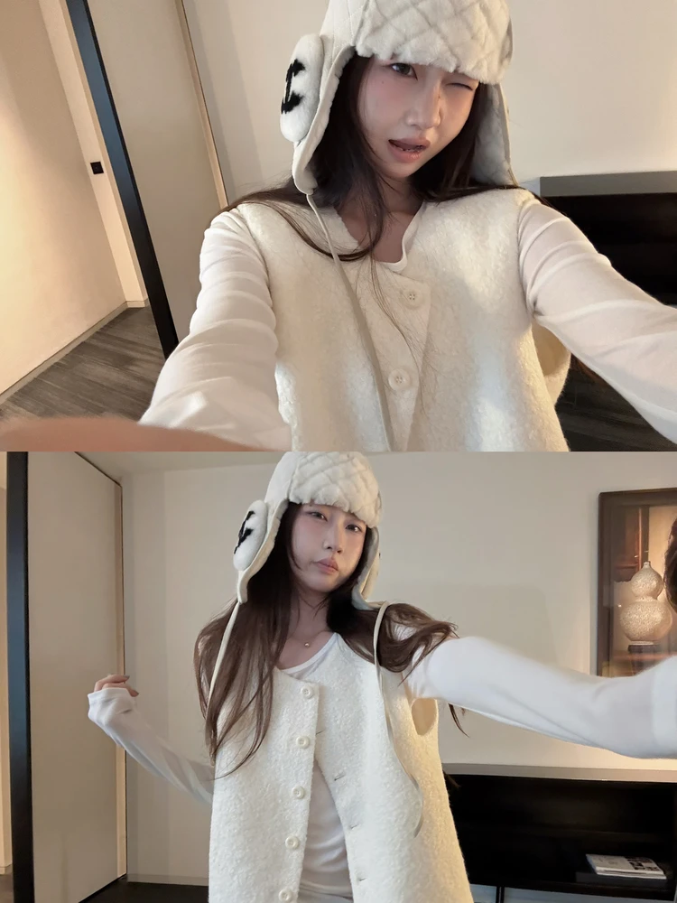 

Thiened Pure Color Circle Fur Svel Vest Versatile Basic Sle Women's Jaet round Ne Single Button Closure Polyester