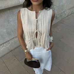 Trendix Solid Rib Bandage Sleeveless Vest For Women Hollow Out Patchwork Folds Slim Tank Tops Summer Fashion Sexy Lace Up Vest