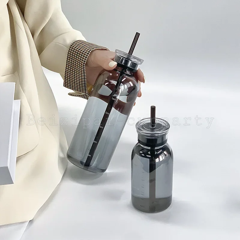 Ins Style Glass Water Bottle Time Scale Coffee Cup Double Cap Leak-proof Glasses with Lid and Straw Leather Cup Sleeve