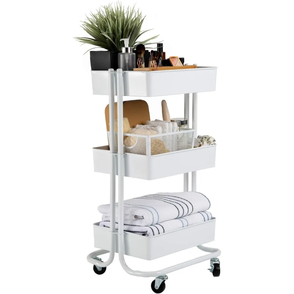 

3 Bin Metal Rolling Storage Utility Cart Organizer Trolley w/Lockable Wheels, for Office, Art Supplies, School, Salon, Kitchen,