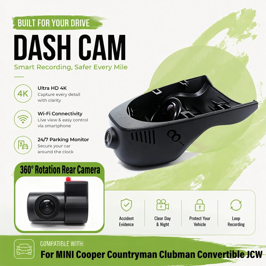4K OEM Dash Cam for MINI Cooper Countryman Clubman Convertible JCW, Wireless Dashcam for MINI F54 F55 F56 F57 F60 2014 to 2023