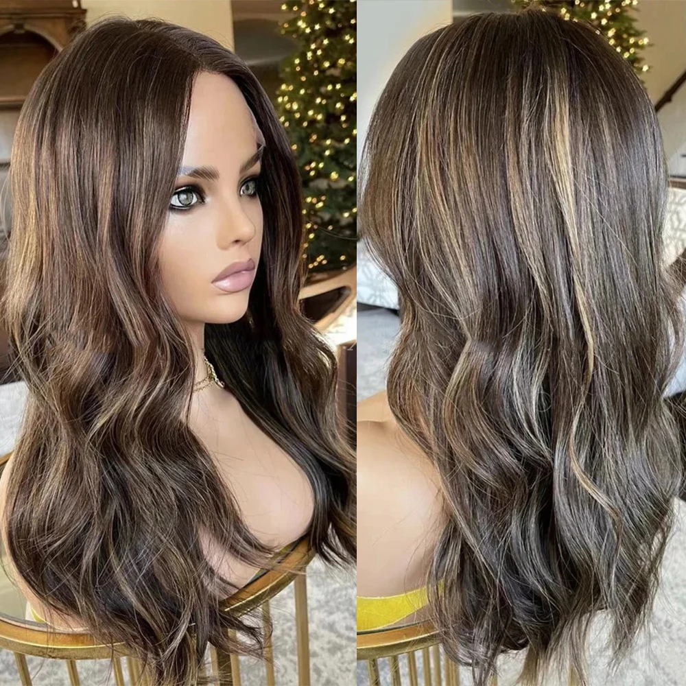 

Dark Brown Blonde Colored Wig Highlight 13x4 Frontal Lace Wigs Brunette Synthetic Hair Glueless Wigs For Women Natural Hairline