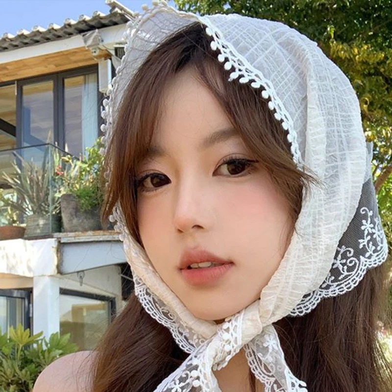 French Floral Lace Triangular Scarf Headband Korean Girls Printed Turban Lolita Silk Scarf Headband Women's Hair Accessories