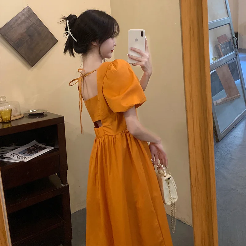 

Women's Square Neck Puff Sleeves Orange Backless Dress Female Bellflower Dress Mid-Length Dresses New Fashion Summer Fat mm 2023