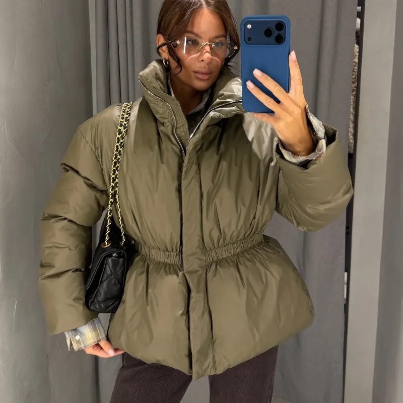 Fashion Glossy Padded Jackets Women's Drawstring Zipper Stand Collar Thicken Coats 2026 New Ladies Winter Solid Color Outwear