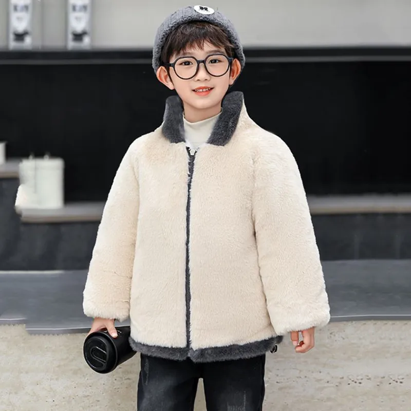 5-16T Boys Imitation Mink Fur Coat Stand Collar Double-sided Velvet Warm Patchwork Letters Print Children'S Outerwear Jackets