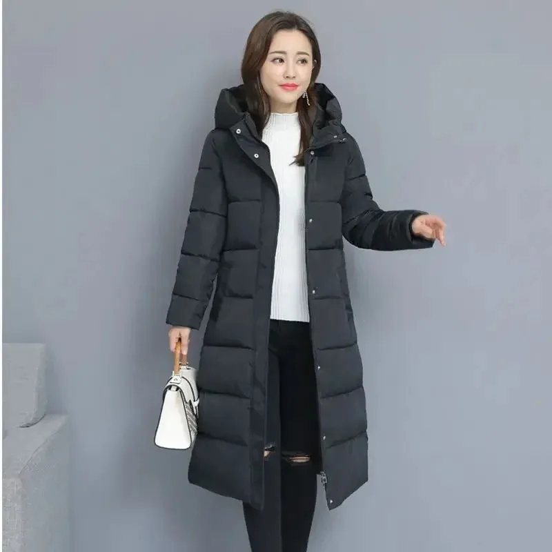 Women's Winter Parka Thickened Down Cotton Coat Hooded Zipper Medium-length Stylish Jacket Loose Solid Color Warmth Outwears