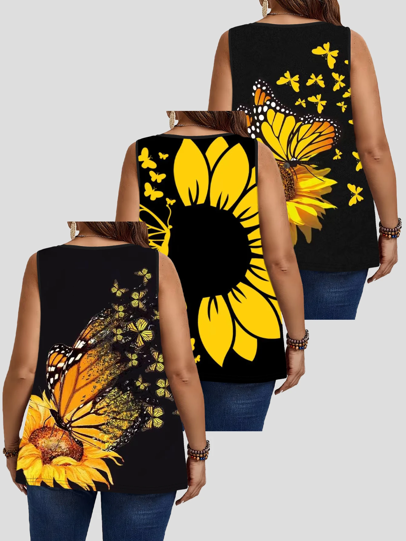3-Piece Set of Plus-Size Sunflower and Butterfly Print Sleeveless Vests for Women, Black Base with Warm Yellow Sunflowers and Monarch Butterflies, Loose Round-Neck Tops That Cover the Body and Can Be Worn Outside