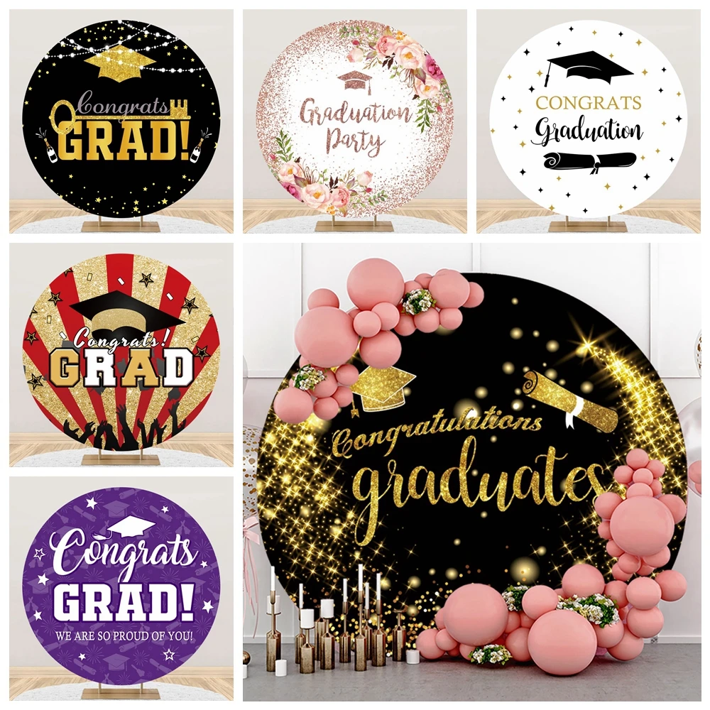 

Graduation Party Round Backdrop Cover Decor Gold Black Bachelor Cap Congrat Grad Prom Photography Background Photo Studio Prop