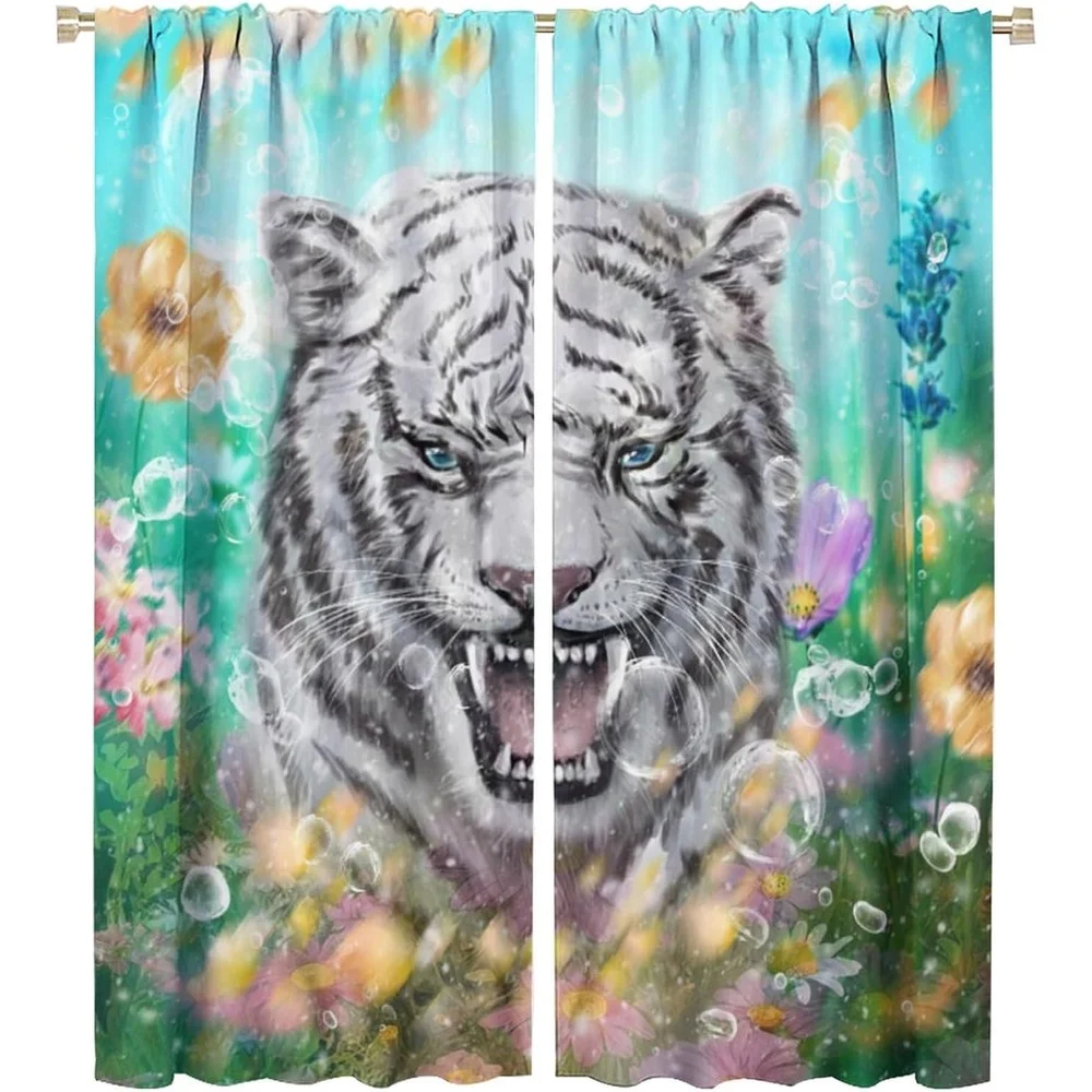 2 Panels Cool Wildlife White Tiger Curtains - Thermal Insulated Blackout Window Drapes with Angry Tiger & Floral Watercolor Desi