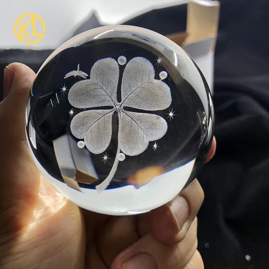 6/8 CM 3D Laser Engraved Four Leaf Clover Crystal Ball Miniature Glass Globe Crystal Craft Home Decor