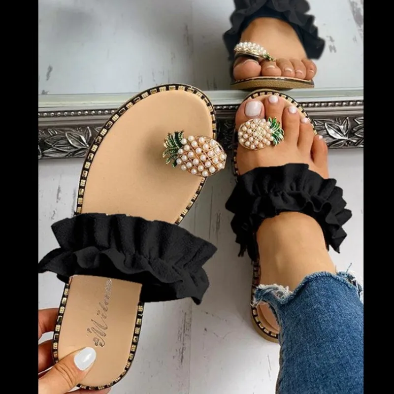 

Women Slipper Pineapple Pearl Flat Toe Bohemian Casual Shoes Beach Sandals Ladies Shoes Platform Sandalias De Mujer 2024
