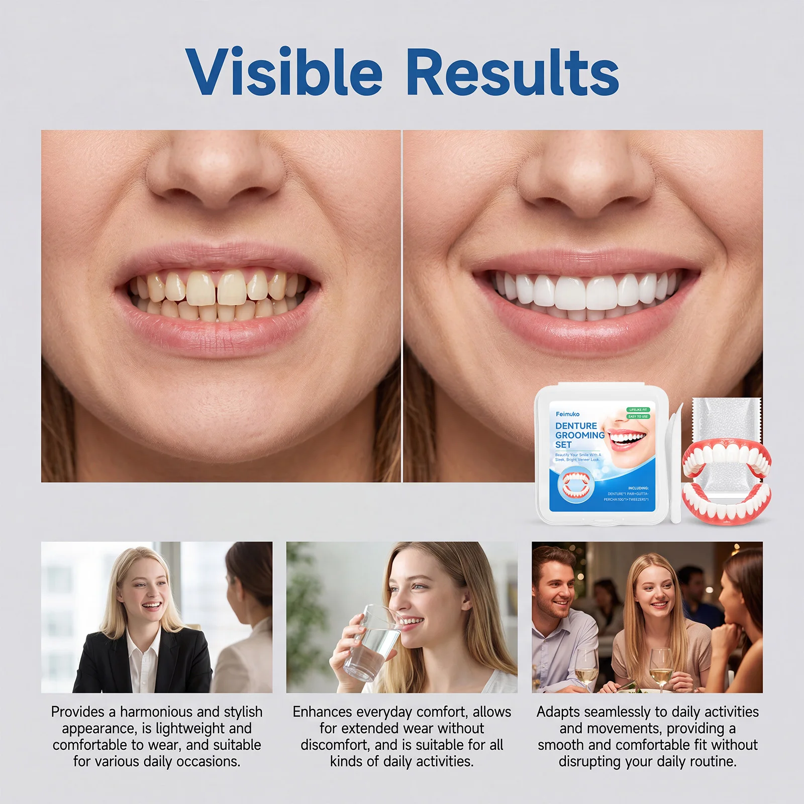 Instant Denture Kit Comfort Fit Veneers Reusable False Teeth Cosmetic Smile Shaper For Elegant Women Daily Wear Smile Management