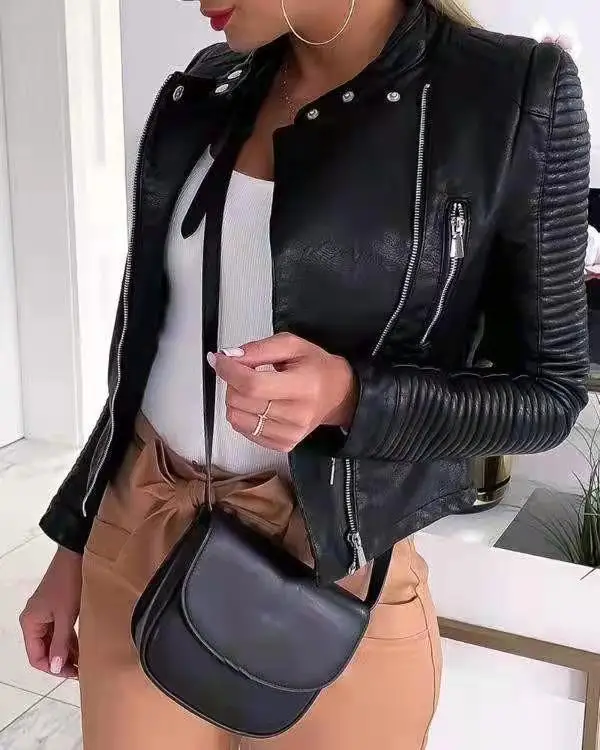 Faionable Casual Pelle Jaet ort Crtsmanip Cappotto da donna Cerniera Colletto alla coreana Lungo Sve Slim Fit Estate Nuovo arrivo