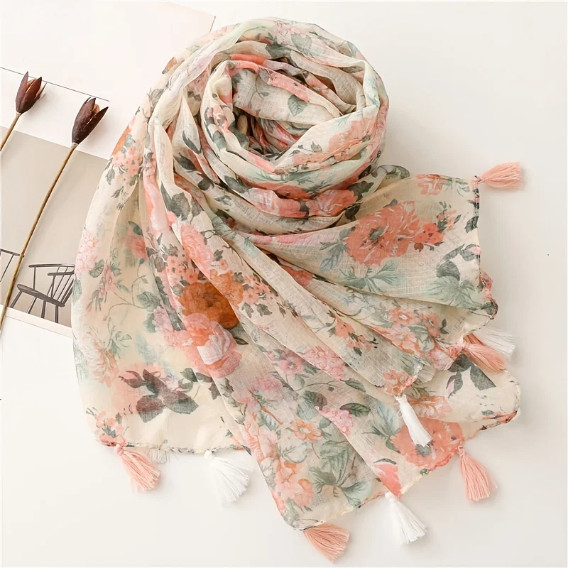 Fashion Scarf Flower Pattern Hijab Fringe Shawl Muslim Women Long Beach Scarf Ladies Headwear