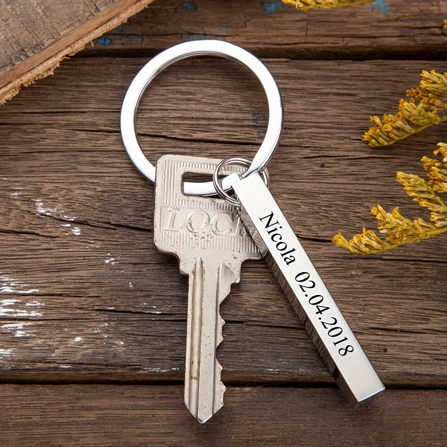 Corrente chave personalizada do nome para mulheres e homens, Anel chave da barra do aço inoxidável Número de telefone personalizado Suporte da chave