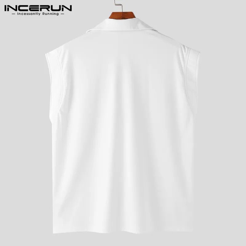 INCERUN Tops 2024 Korean Style Handsome Men\'s Simple Shirts Stylish Streetwear Solid Well Fitting Lapel Sleeveless Blouse S-5XL