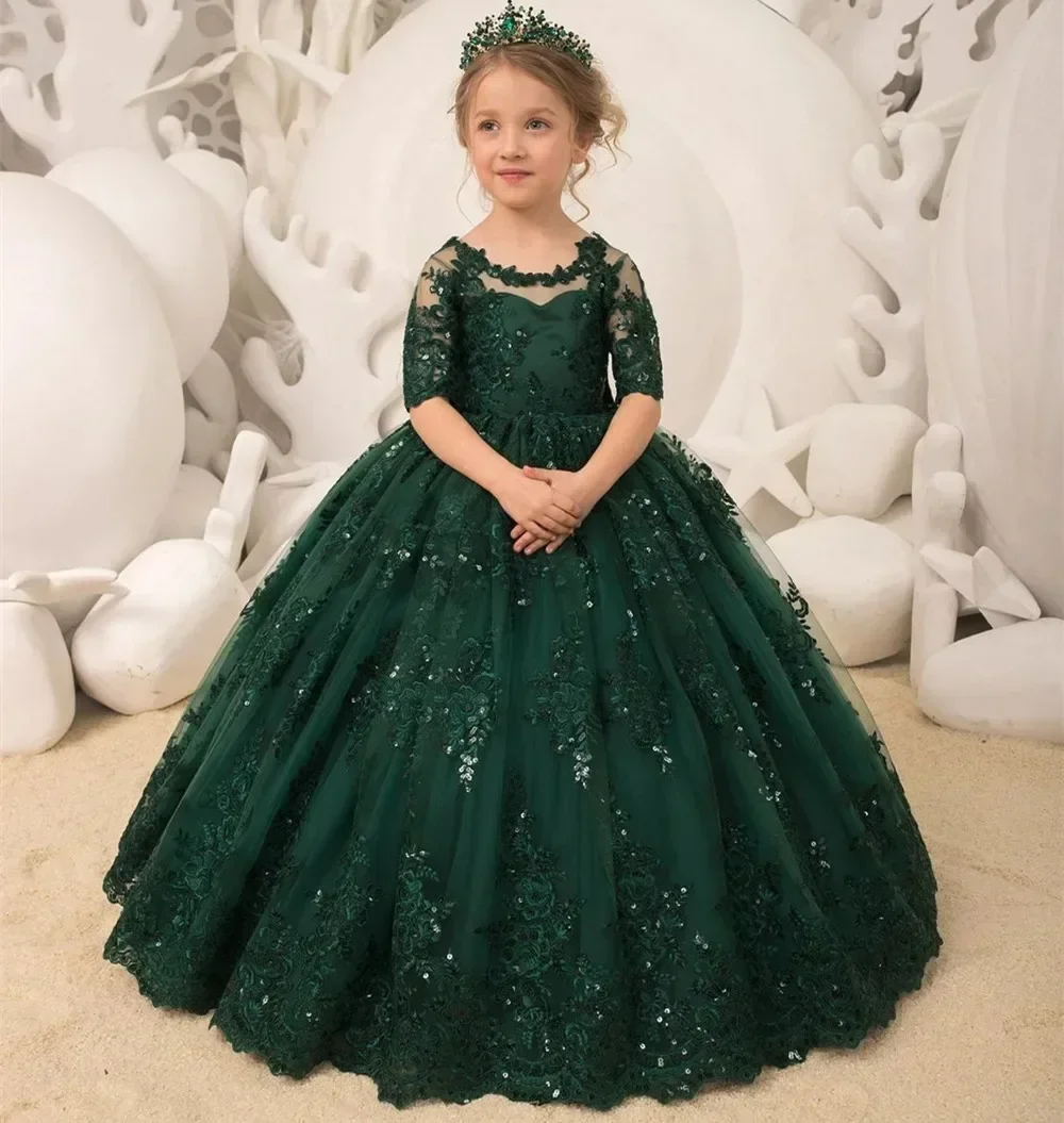 Emerald Green Long Princess Flower Girl Dresses Appliques Bow Tulle Half Sleeve Wedding Party Ball Gown Birthday Pageant Robe