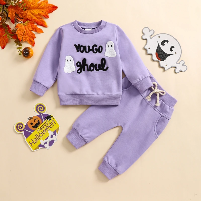 Little Girls 2PCS Halloween Sets Long Sleeve O Neck Letter Ghost Embroidery Tops Drawstring Pants