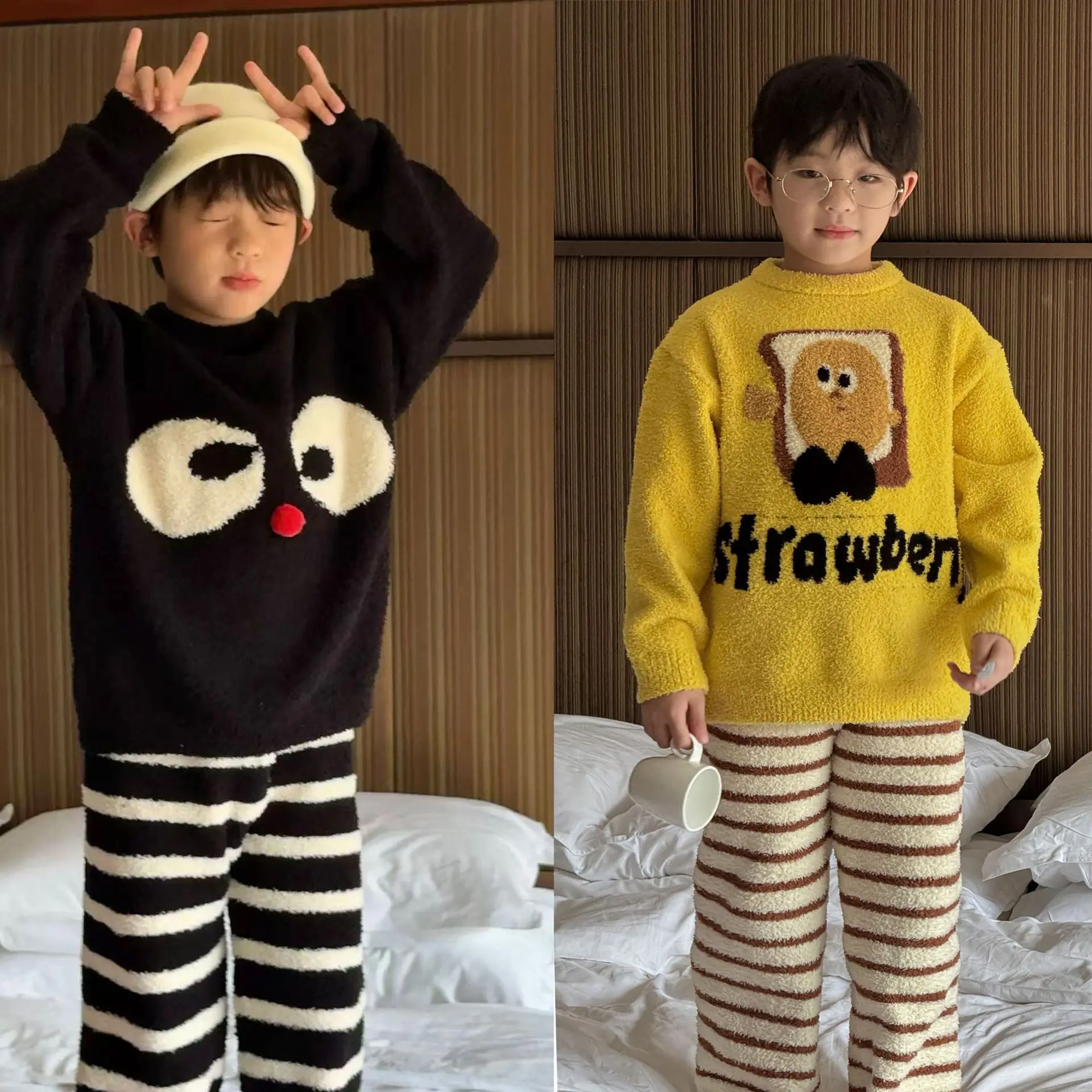 

New Autumn Winter Korean Style Plush Cartoon Warm Home Wear Set Children Clothing Kids Warm and Comfortable Two Piece Set