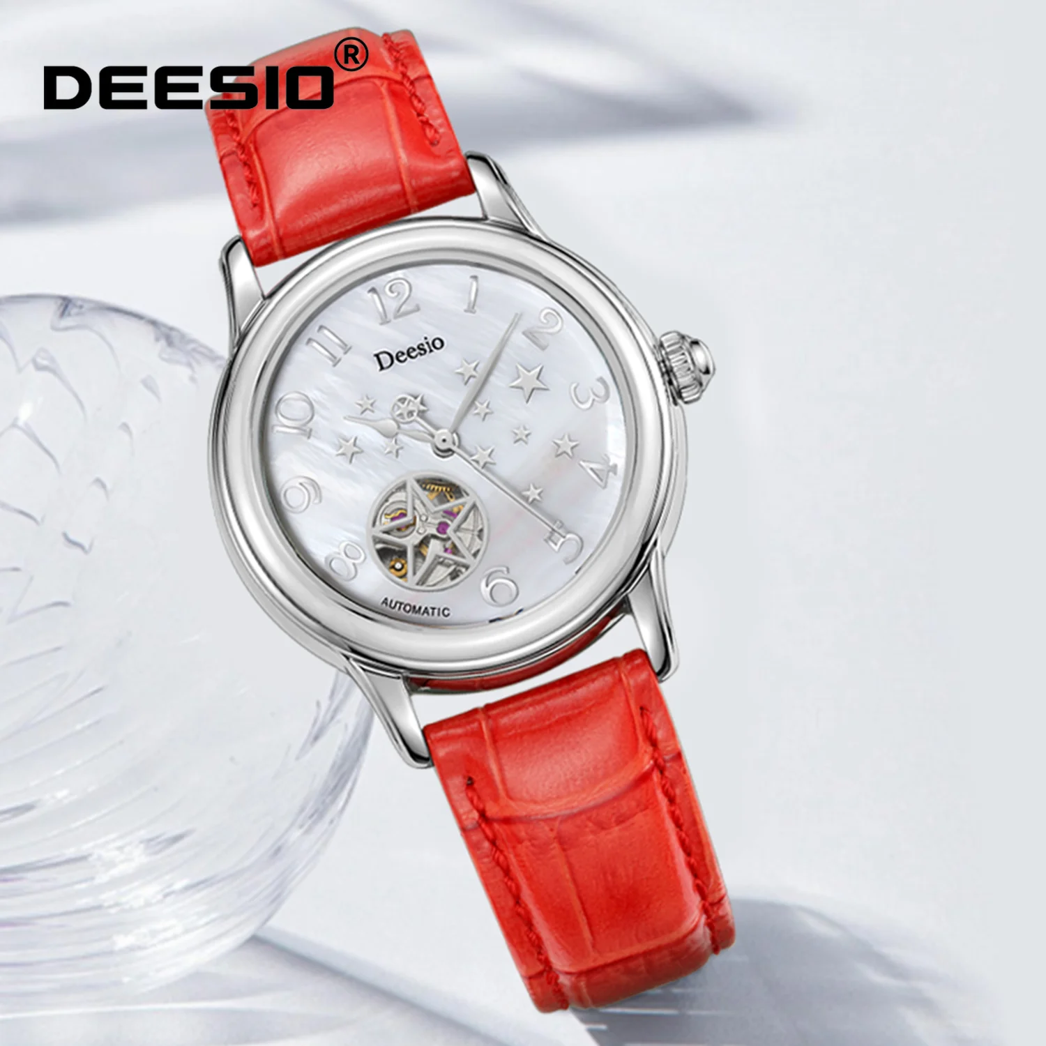 

Женские прочные механические часы Deesio из нержавеющей стали, циферблат-скелетон «Звездное небо», водонепроницаемость 50 м, подарок на День святого Валентина для женщин