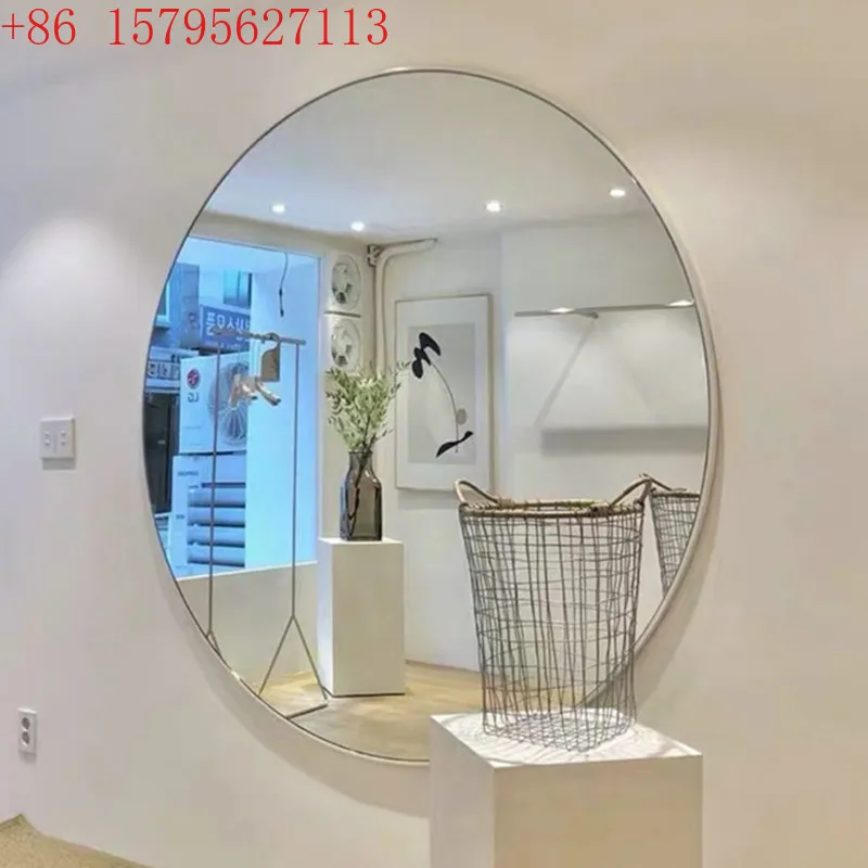

Large round decorative mirror clothing store white round mirror stainless steel frame household wall enigma mirror living room