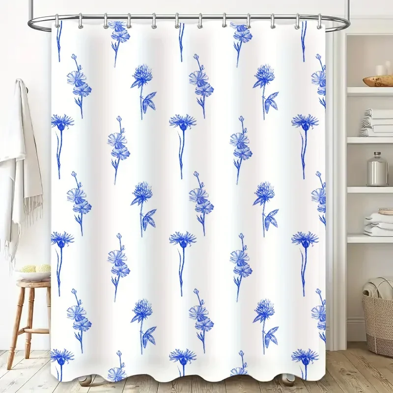 Vintage Blue Flower Printed Shower Curtain Waterproof Bathroom Decor Waterproof Backsplash Polyester Customizable Size Selection