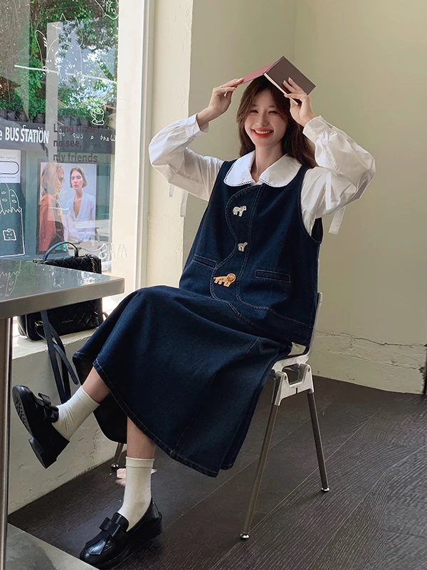 

Модный джинсовый комплект: жилет и длинная юбка, женский, осень 2026, новый, в студенческом стиле, омолаживающий эффект, комплект из двух предметов, с высокой талией