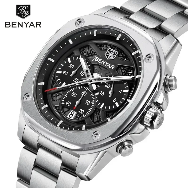 New BENYAR BY-5222 Men's Retro Sport Fashion Quartz Watch, Stainless Steel Bracelet, Date Display, Luminous Hands, 30M Water Res