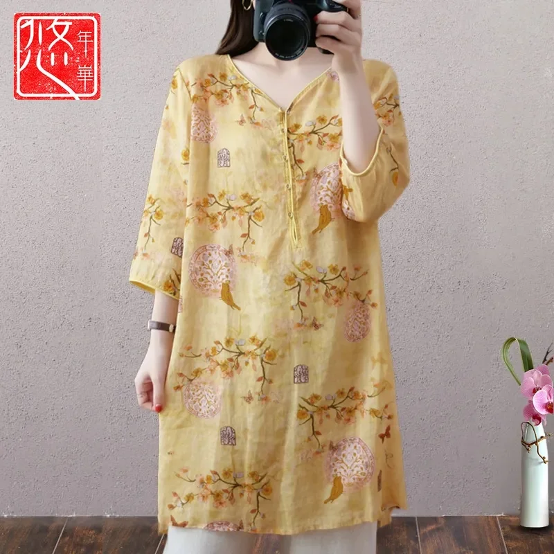 Cotton Linen Ethnic Women's Clothing 2022 Summer New Retro Medium Long Three-Quarter Sleeve T-shirt Chinese Style Linen Shirt W5