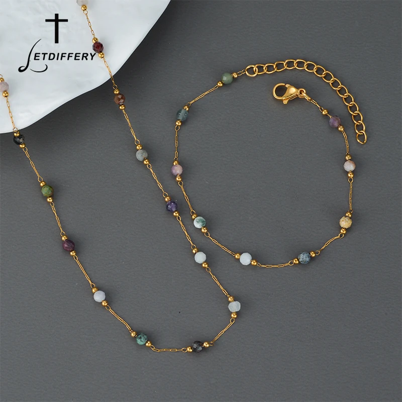 Fashion Colorful Natural Stone Beaded Necklace Set for Women Stainless Steel Gold Color Clavicle Chain Bracelet Jewelry Set Gift