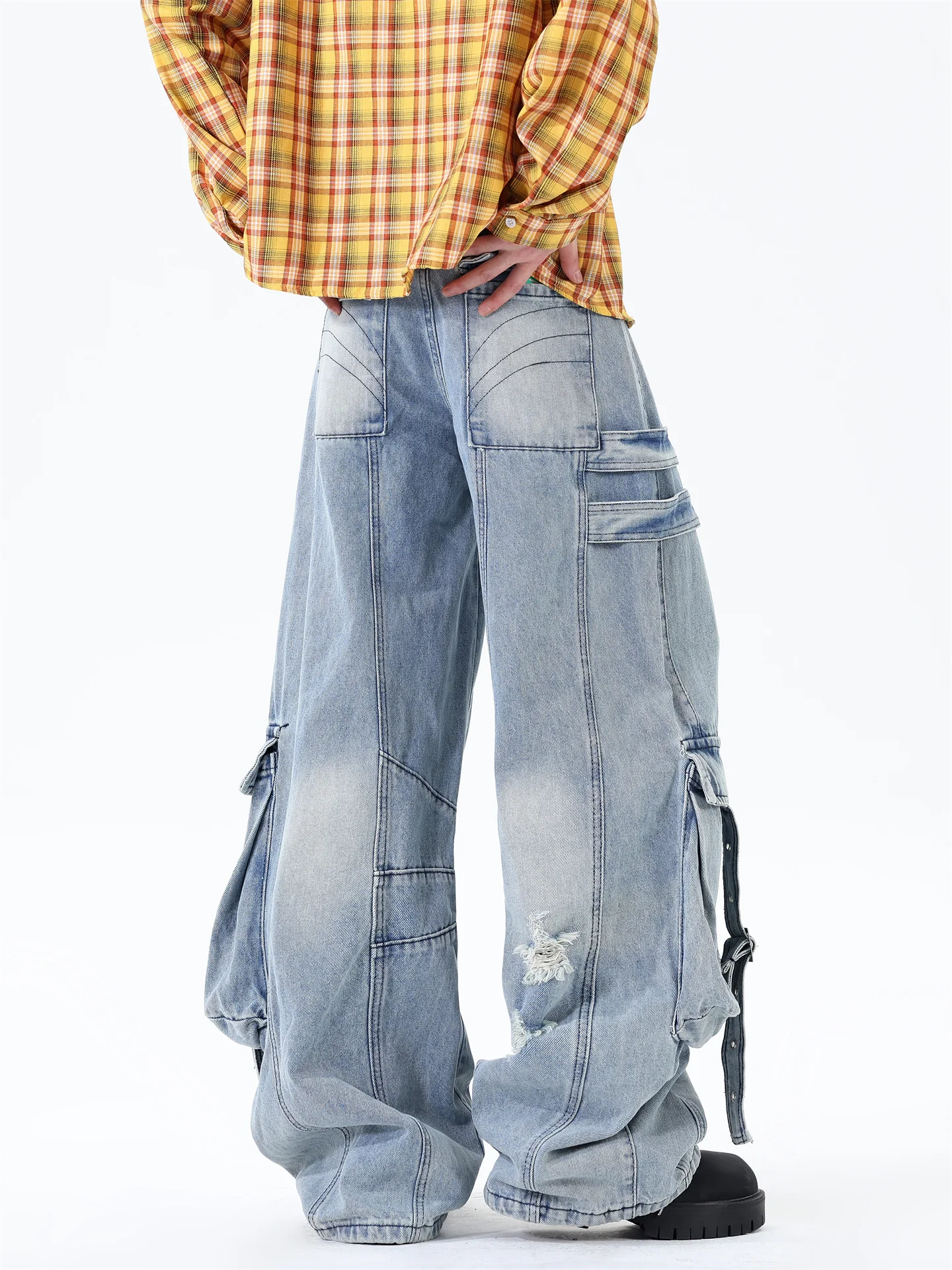 

Мужские джинсы Street Sle Waed из денима, широкие, рваные, в рабочем стиле, с плотным силуэтом, повседневные, свободного кроя, летний тренд