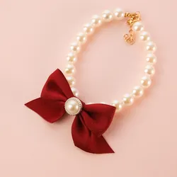 1Pcs New Pet Collar Pearl Bow Necklace Cat Jewelry Cute Collar Puppy Accessories Dog Chain Chihuahua Wedding Jewelry Stuff