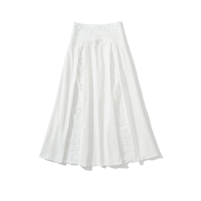 YENKYE Sexy Lace Patchwork White Long Skirt For Women Elegant A-line High Waist Spring Summer Vacation Skirts 2026