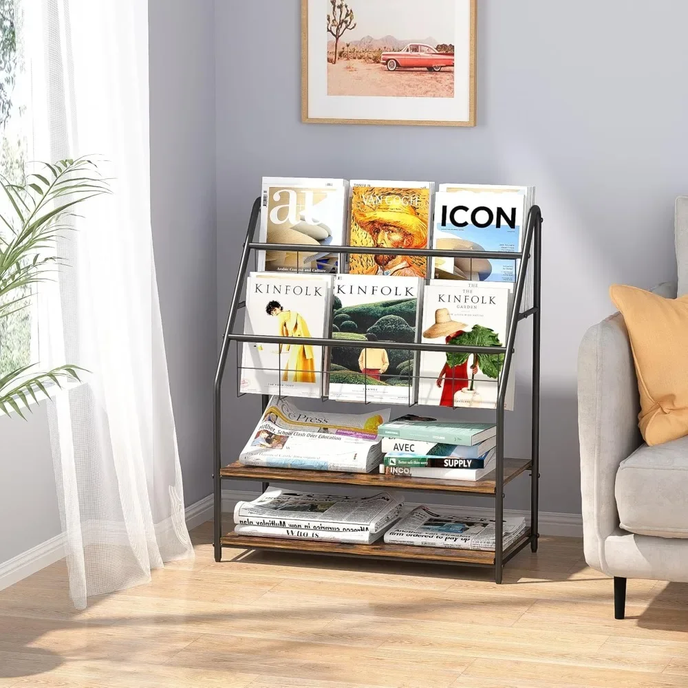 Magazine Rack, 2 Tier Metal Rack Brochure Display Rack with Adjustable Foot Stand Magazine Product Display in Office Home