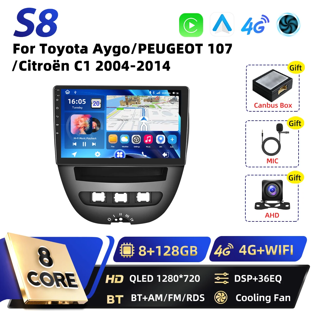 Podofo 8-Core Carplay 2DIN Android autoradio voor Toyota Aygo 2004-2014, Peugeot 107, Citroën C1, Snapdragon GPS FM RDS