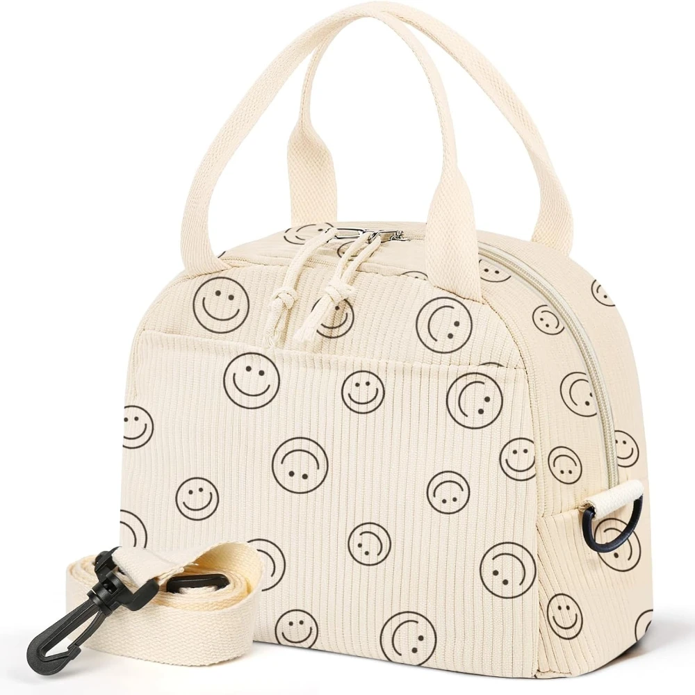 

Smiley Lunch Bag Cute Corduroy Insulated Lunch Box With Shoulder Strap for Adult Womens for Work Picnic(smiley)