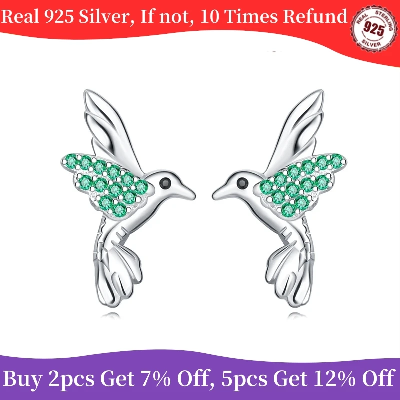 Real 100% 925 Sterling Silver earring inlay Green Zircon Bird Stud Earrings for Women Evening Party Cute Fine Jewelry Gifts