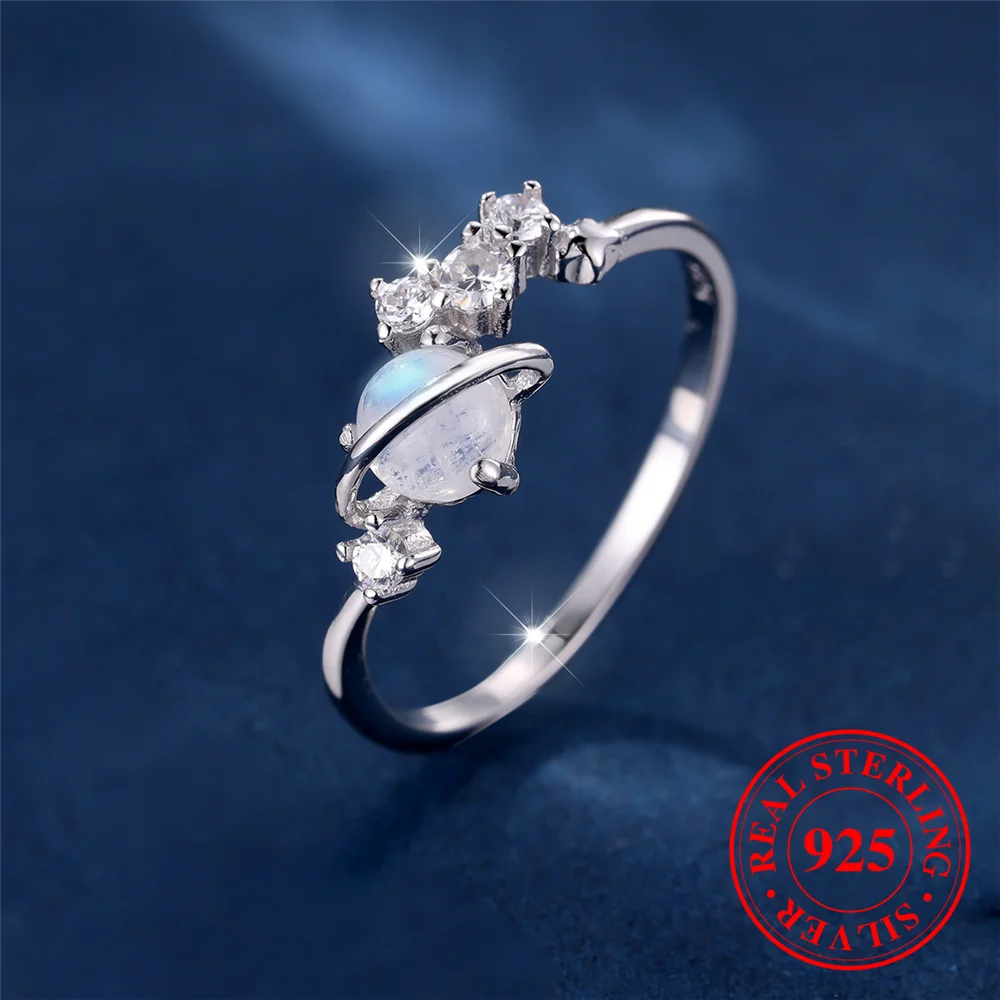 

Cute Female Small Round Nature Moon Stone Ring Vintage Real 925 Sterling Silver Wedding Jewelry For Women