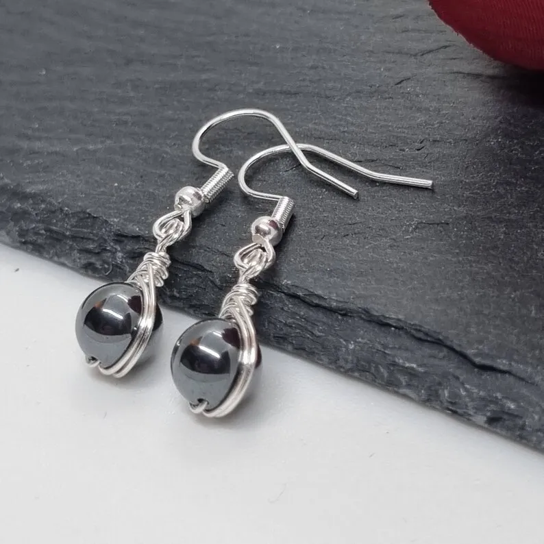 Hematite Earrings, Wire Wrapped Earrings