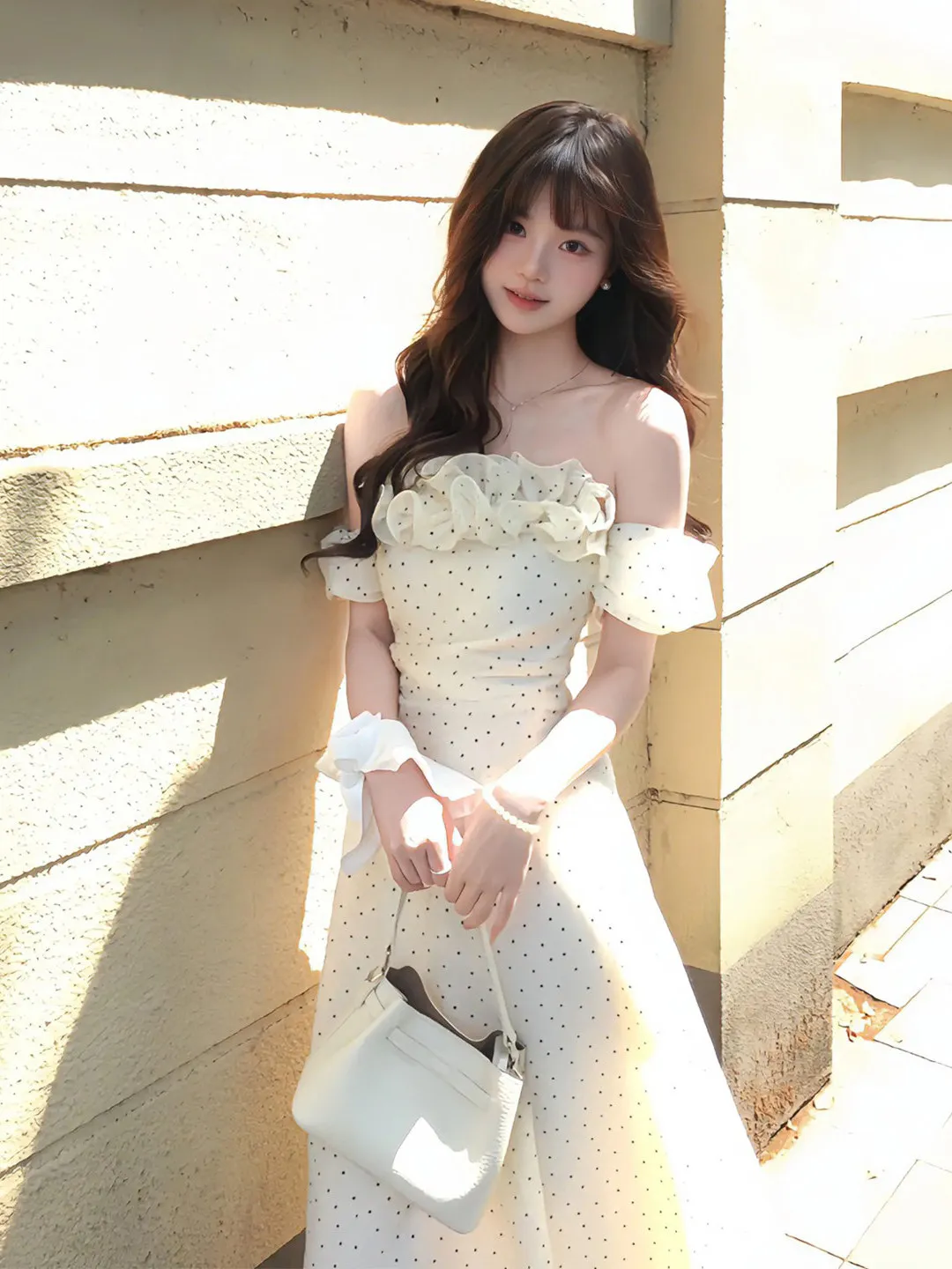 

French Style Off-Shoulder Long Dress Women's Summer Beautiful White Lace Trim Polka Dot Dress Design Sensation Belted Halter ...