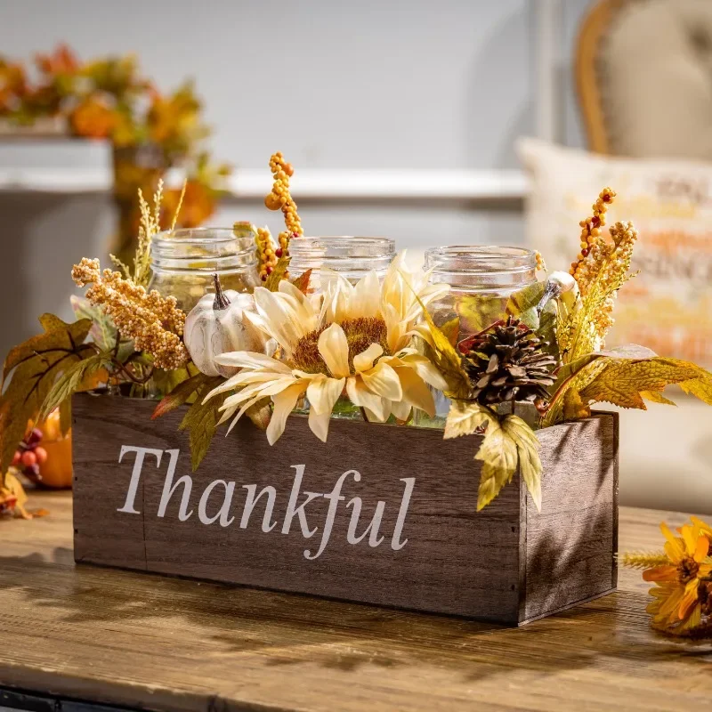 

Tool.NEW 16-in long Wood Fall box filled with florals and 3 candle jars