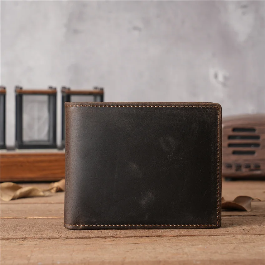 1128/1129 Men's Bifold Short Leather Wallet, Retro Top Layer Cowhide Wallet, Multi Slot Crazy Maka Bag