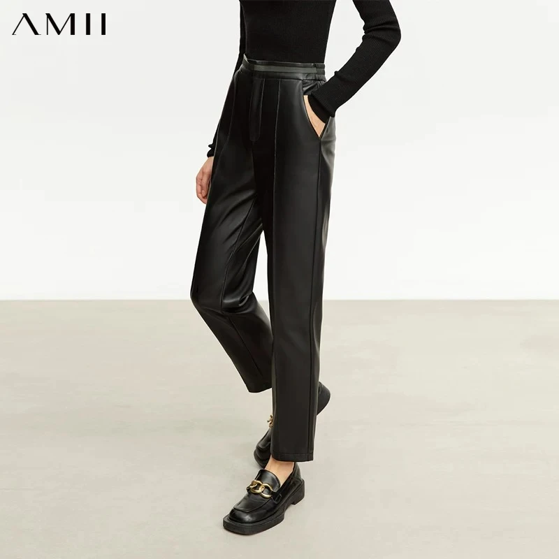 Amii 2026 Winter Women's Contrasting Color Splicing PU Leather Casual Pants Toothpick Pleated Conical Nine-point Pants 12454044